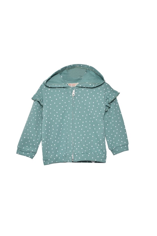Turkuaz Renkli Fermuarlı Kapüşonlu Fırfır Detaylı Bebek Kız Sweatshirt-JS 118426 |Silversunkids