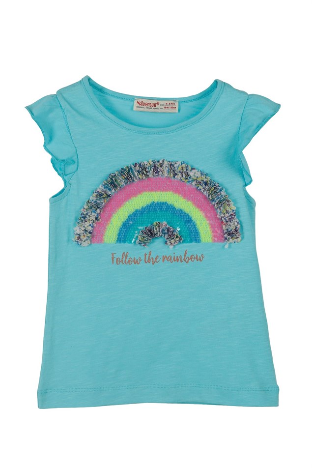 Turkuaz Renkli Payet Nakışlı Kız Çocuk Örme Tişört |BK 219062