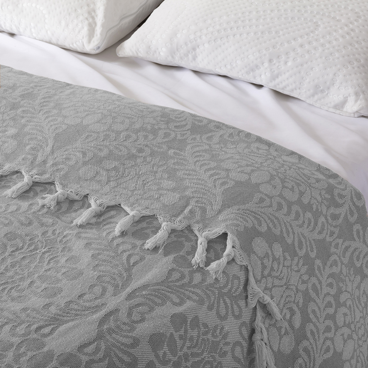 Vagonik Damask Desenli Çift Kişilik Yatak Örtüsü Jakarlı 200x230 Cm Gri