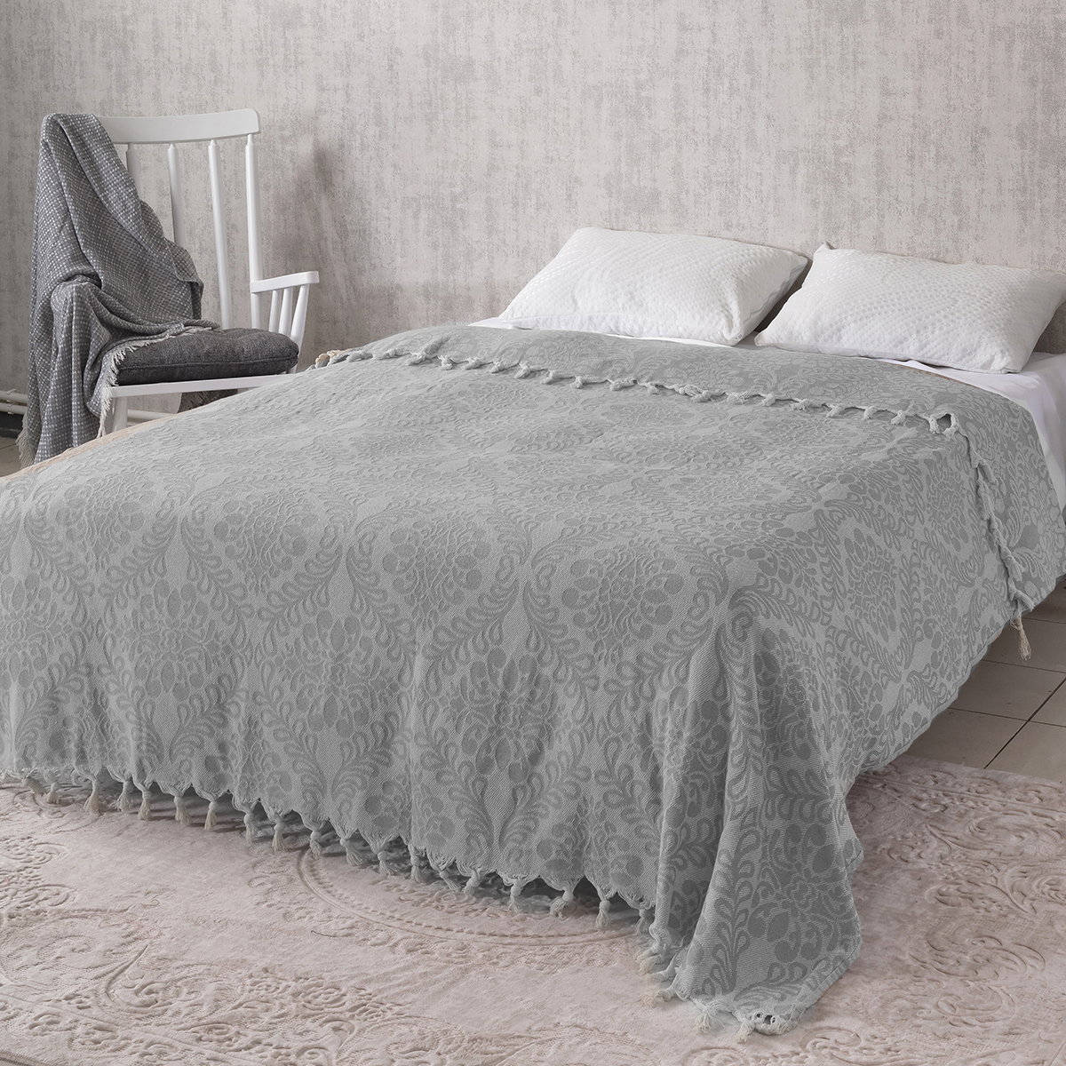 Vagonik Damask Desenli Çift Kişilik Yatak Örtüsü Jakarlı 200x230 Cm Gri