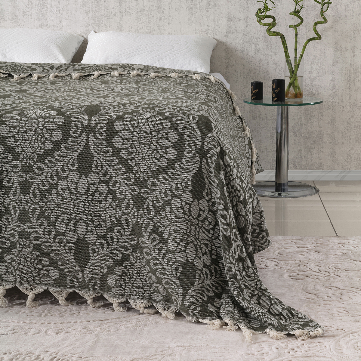 Vagonik Damask Desenli Çift Kişilik Yatak Örtüsü Jakarlı 200x230 Cm Haki