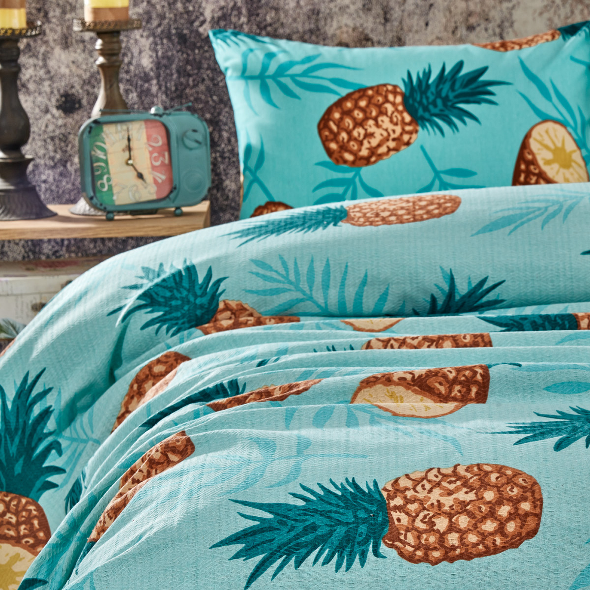 Vagonik Ananas Desenli Çift Kişilik Pike Takımı Turkuaz