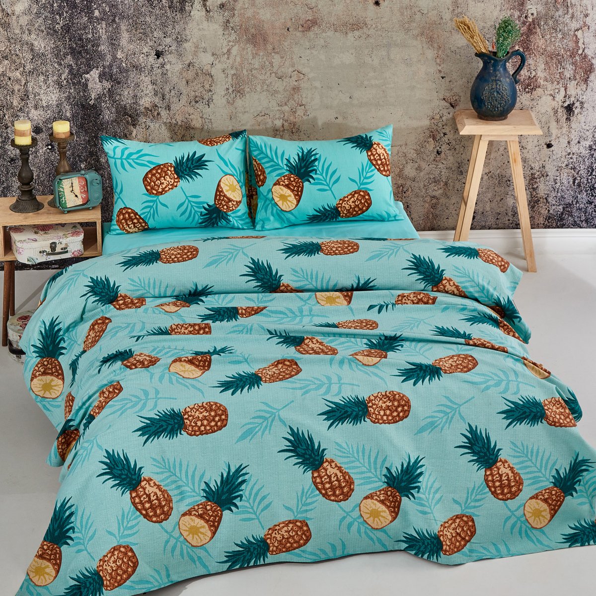 Vagonik Ananas Desenli Çift Kişilik Pike Takımı Turkuaz