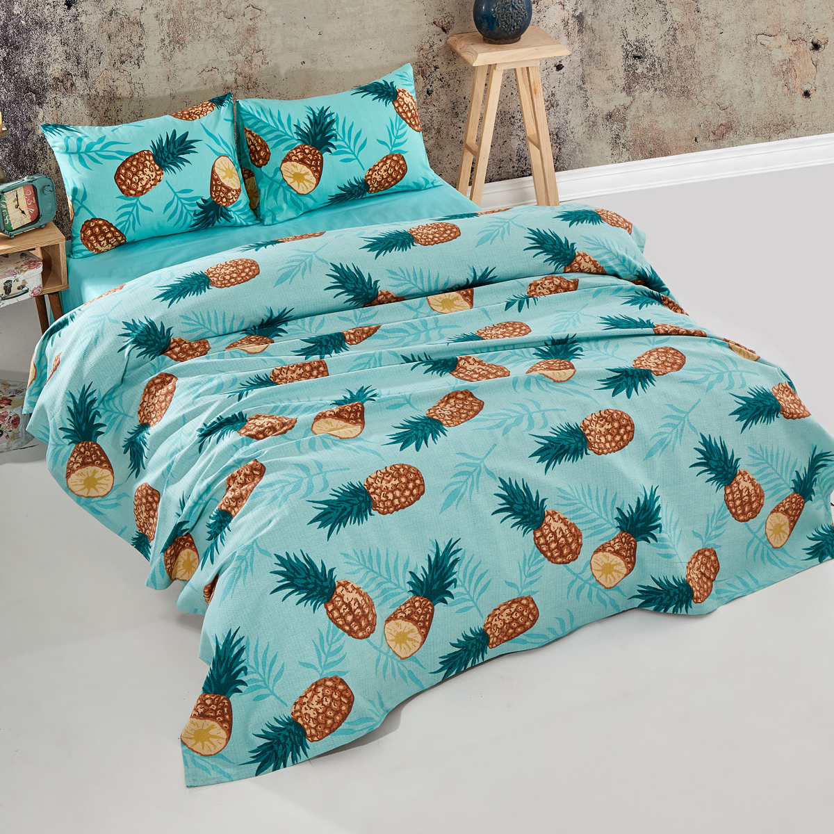 Vagonik Ananas Desenli Tek Kişilik Pike Takımı Turkuaz