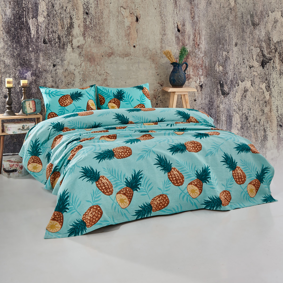 Vagonik Ananas Desenli Tek Kişilik Pike Takımı Turkuaz