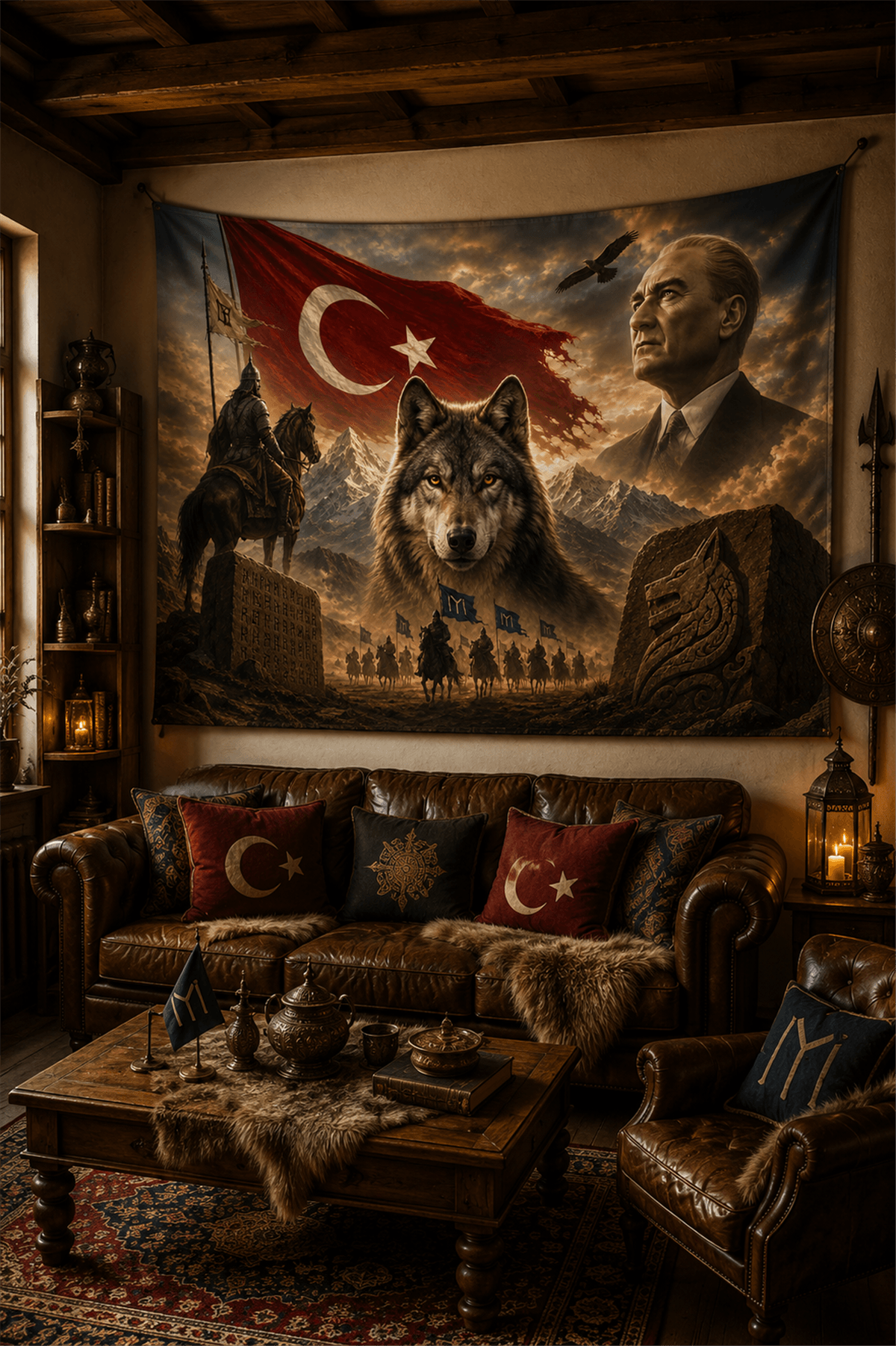 Atatürk ve Atilla Kurt Temalı Duvar Örtüsü  Afişi Kalın Kumaş 