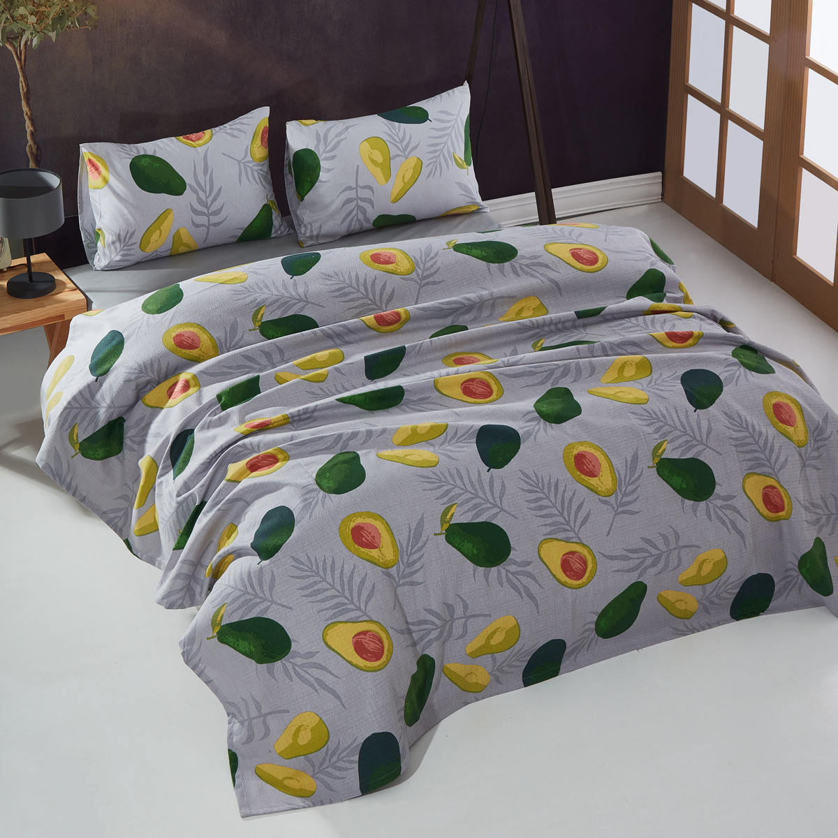 Vagonik Avocado Desenli Çift Kişilik Pike Takımı Gri