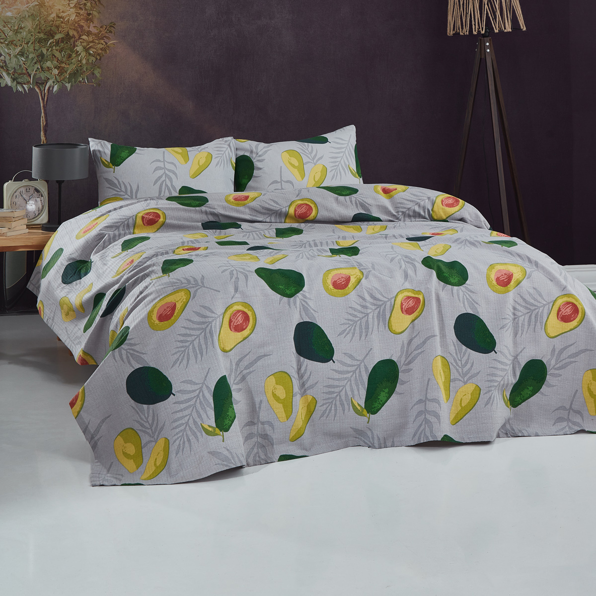 Vagonik Avocado Desenli Tek Kişilik Pike Takımı Gri