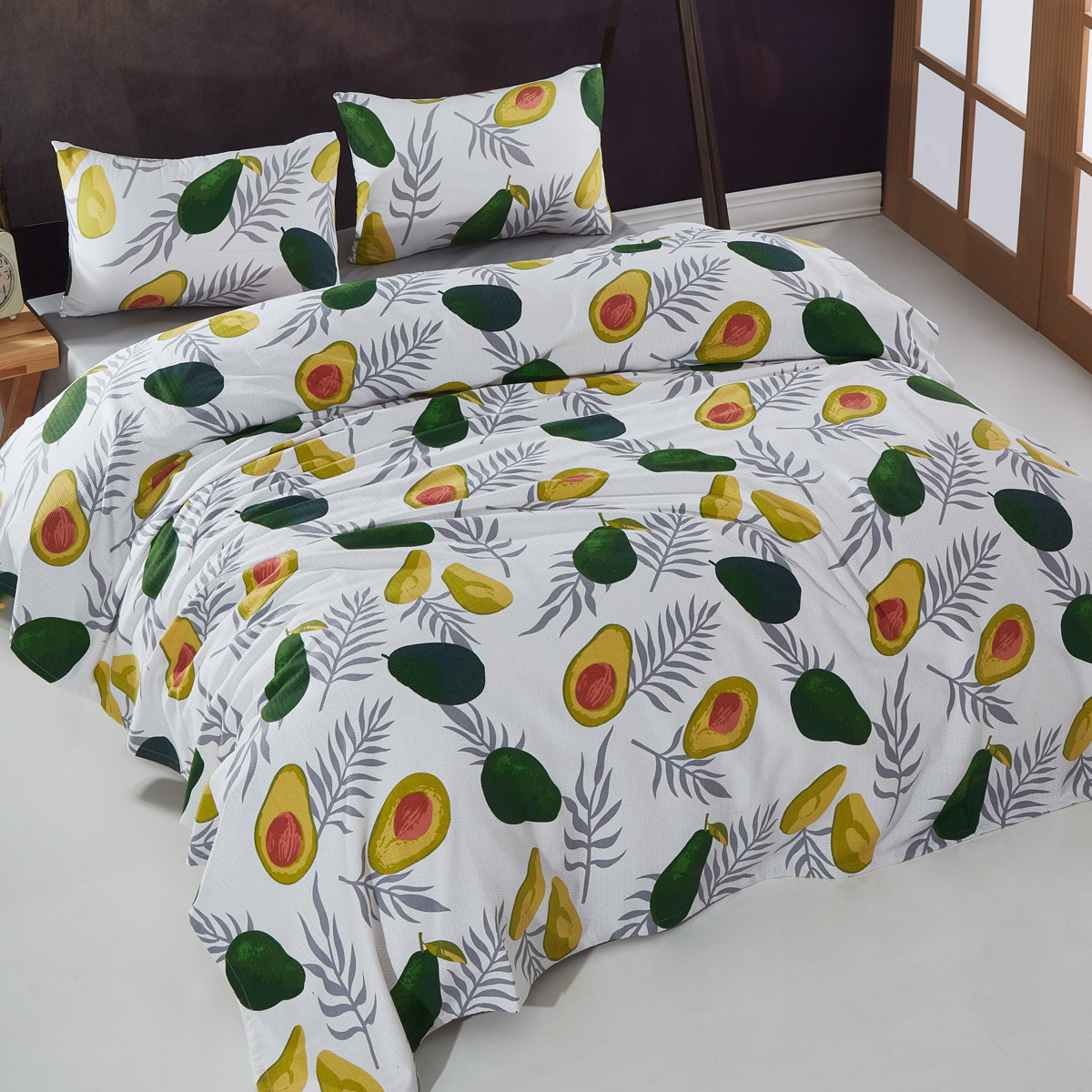 Vagonik Avocado Desenli Tek Kişilik Pike Takımı Beyaz