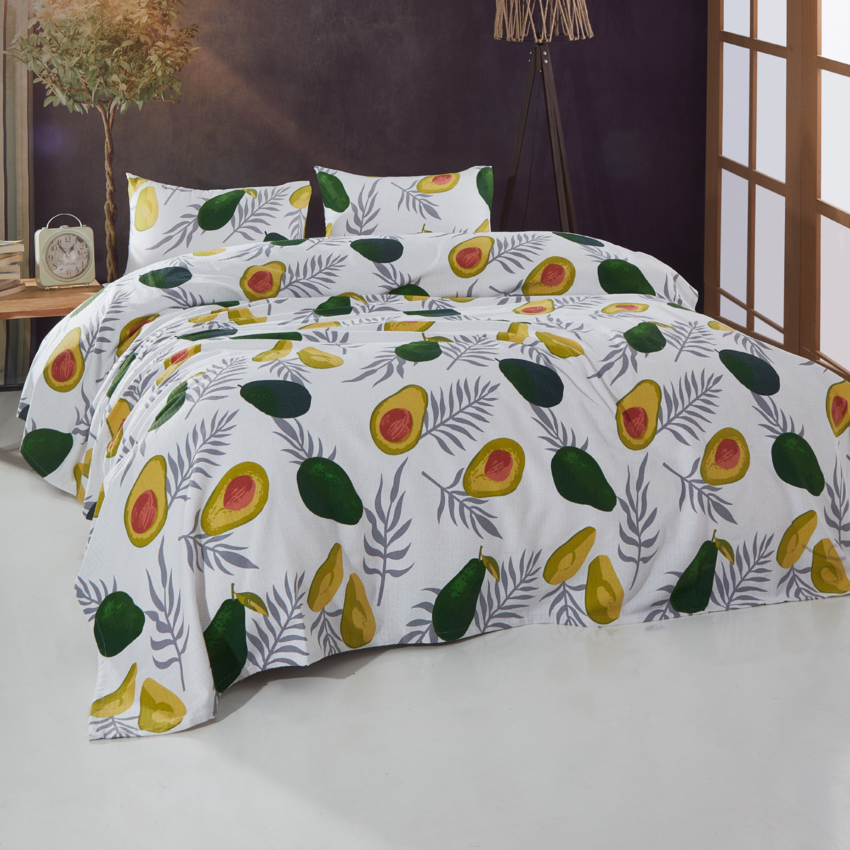 Vagonik Avocado Desenli Tek Kişilik Pike Takımı Beyaz