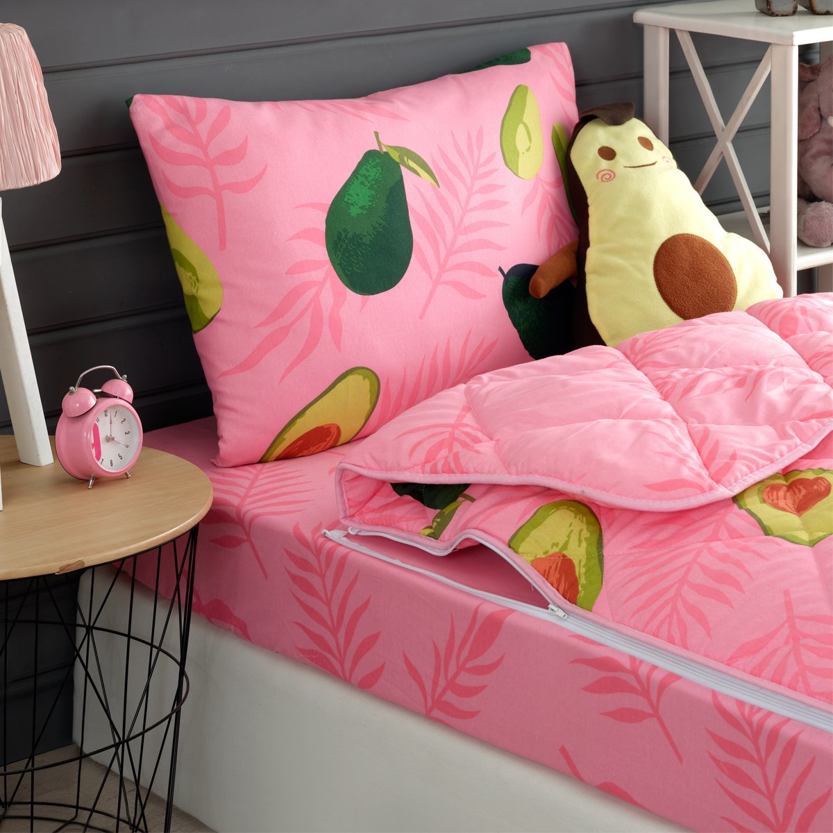 Vagonik Avokado Desenli Pembe Tek Kişilik Yorganlı Çocuk Uyku Seti