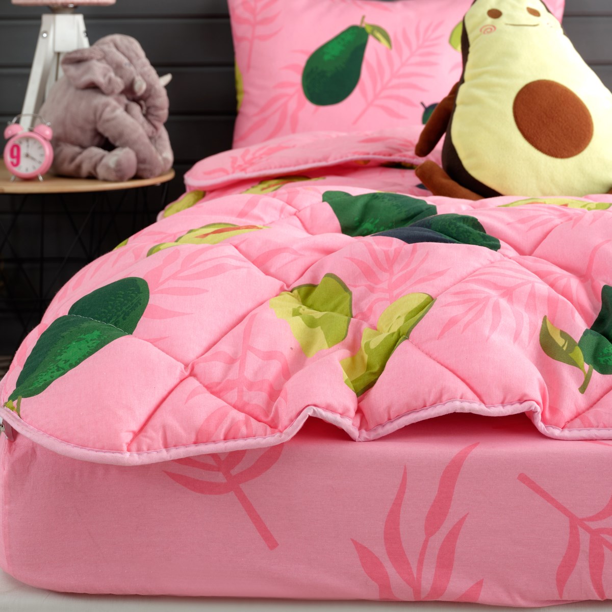 Vagonik Avokado Desenli Pembe Tek Kişilik Yorganlı Çocuk Uyku Seti