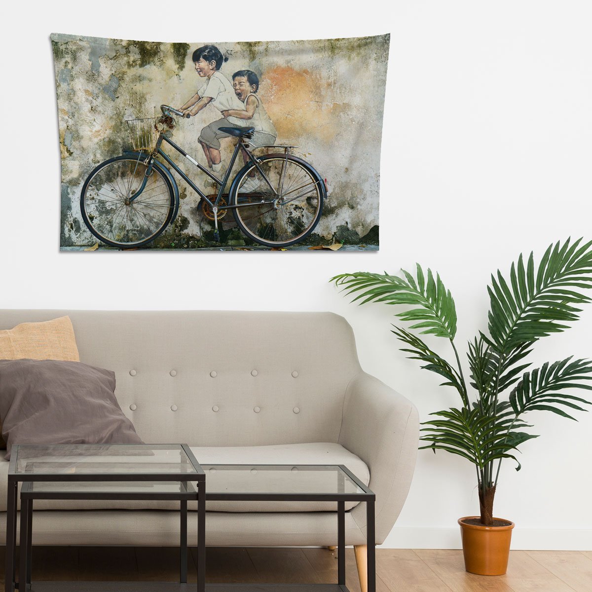 Vagonik Bisiklet ve Çocuklar Duvar Örtüsü