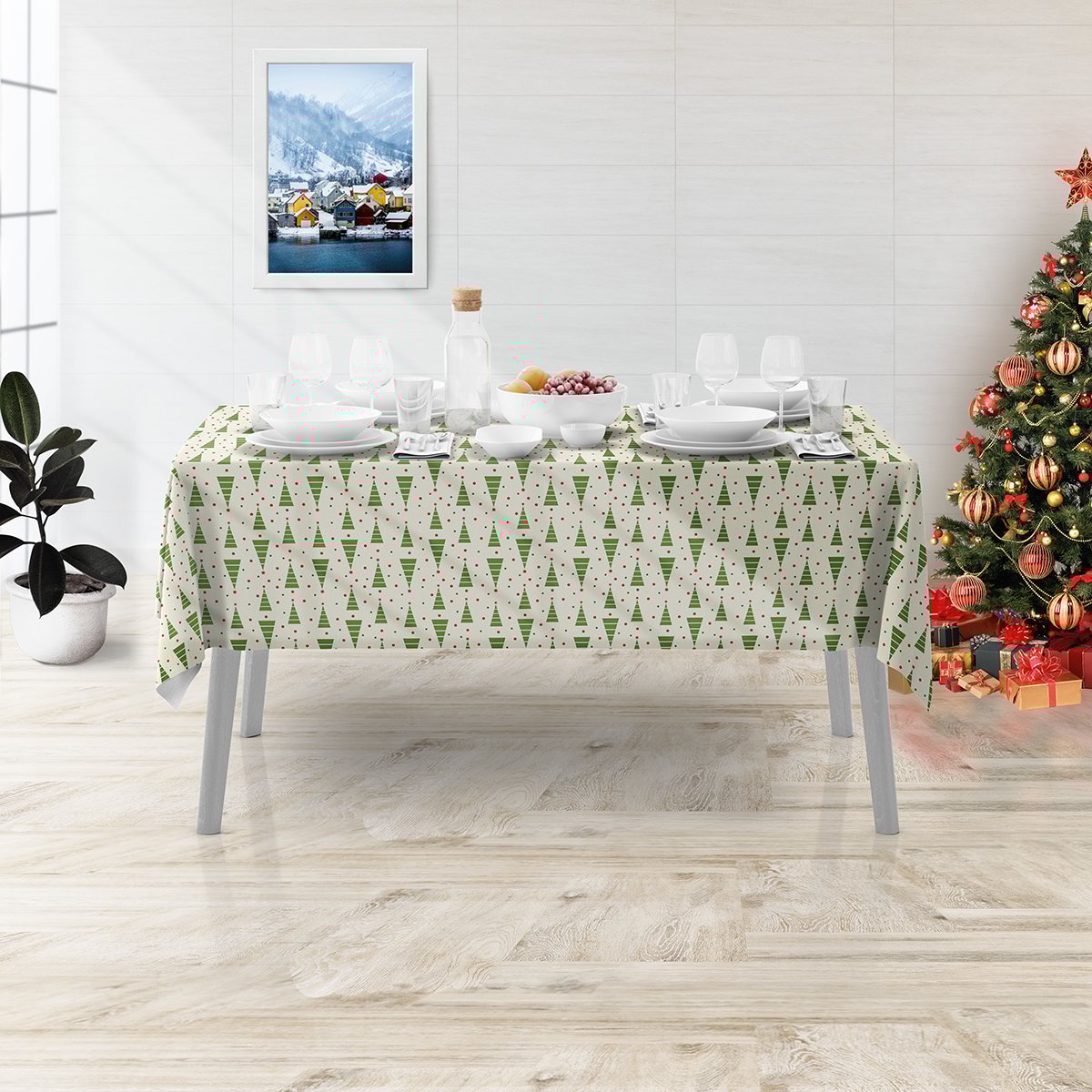 Vagonik Çam Ağacı Desenli Yılbaşı Masa Örtüsü