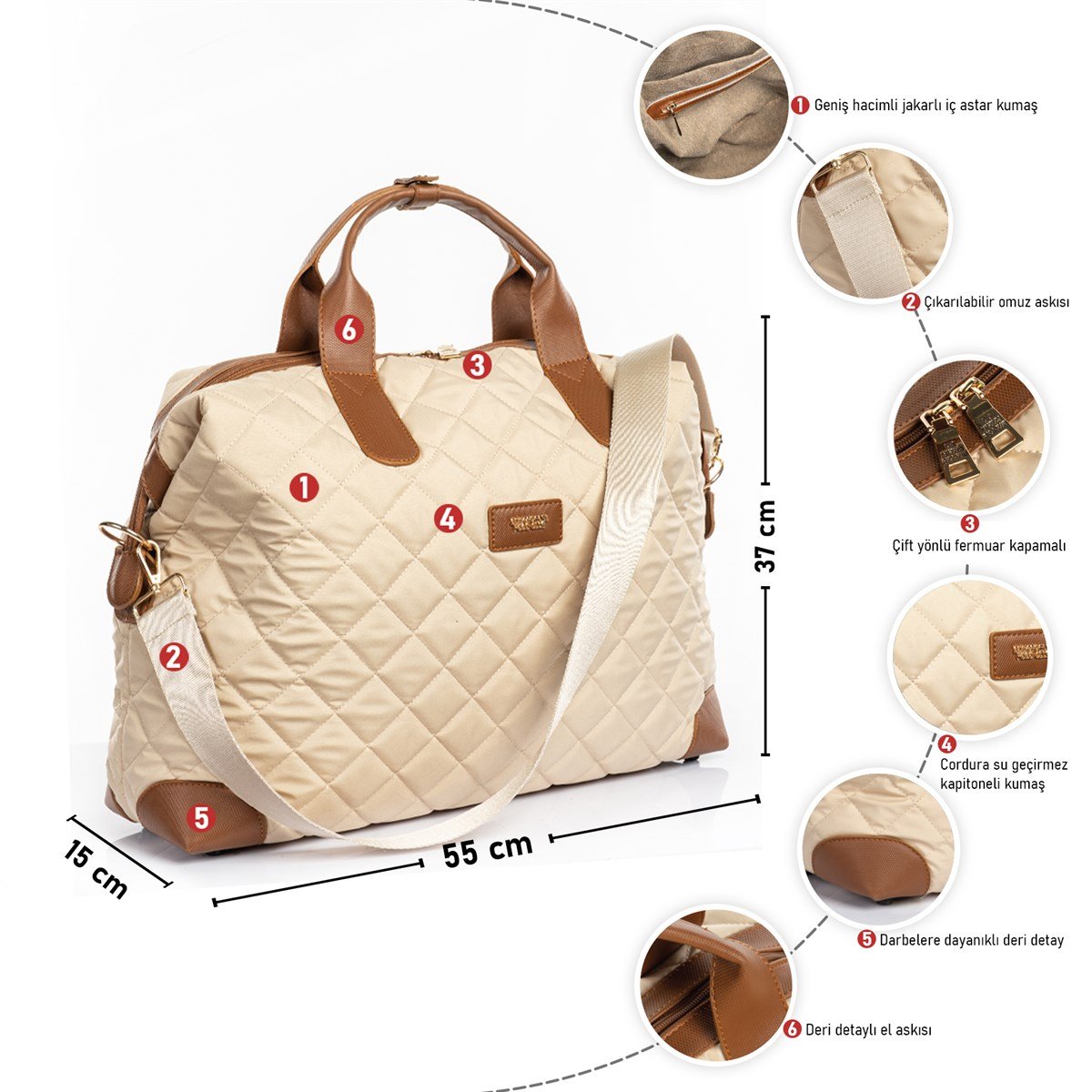 Cordura Su Geçirmez Kumaş Kapitoneli Omuz Askılı Kadın Spor Çanta Krem