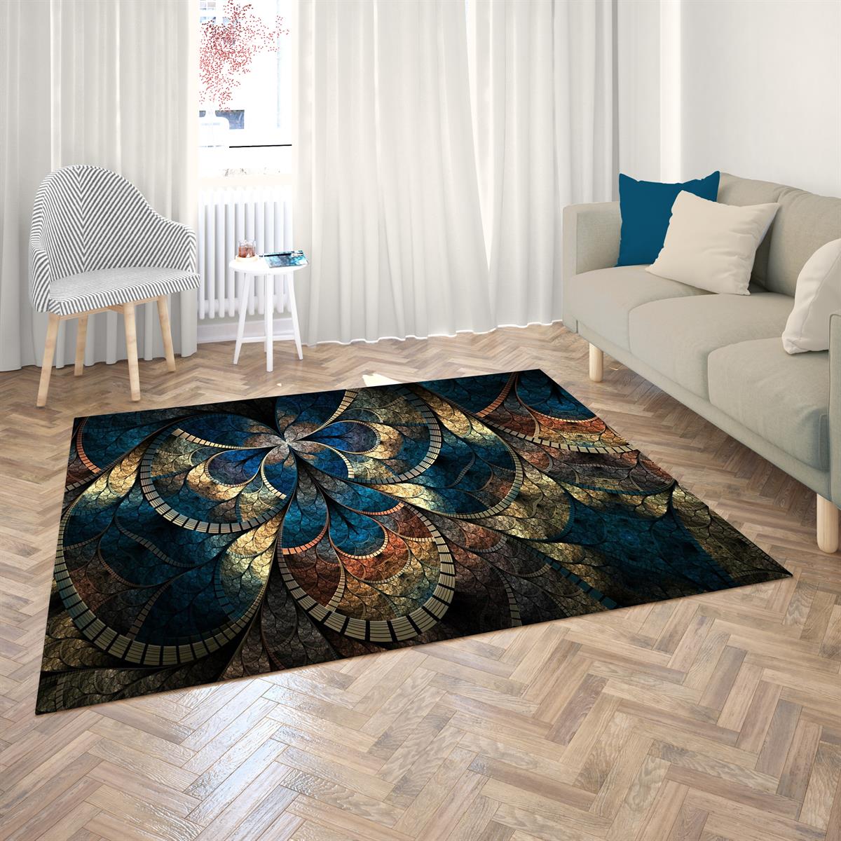 Etnik Mandala Desenli Dijital Baskılı Halı Kaydırmaz Tabanlı Yıkanabilir Halı