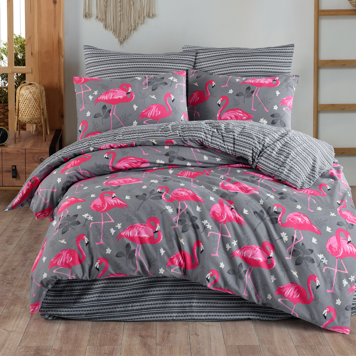 Vagonik Flamingo Desenli Gri Çift Kişilik Nevresim Takımı