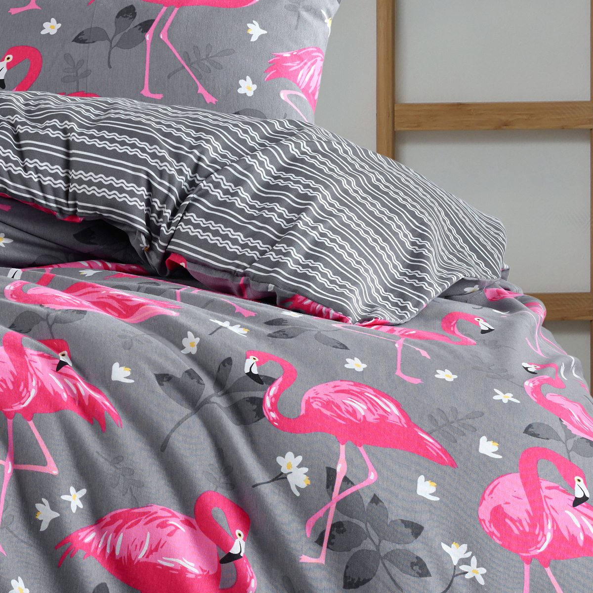 Vagonik Flamingo Desenli Gri Tek Kişilik Nevresim Takımı