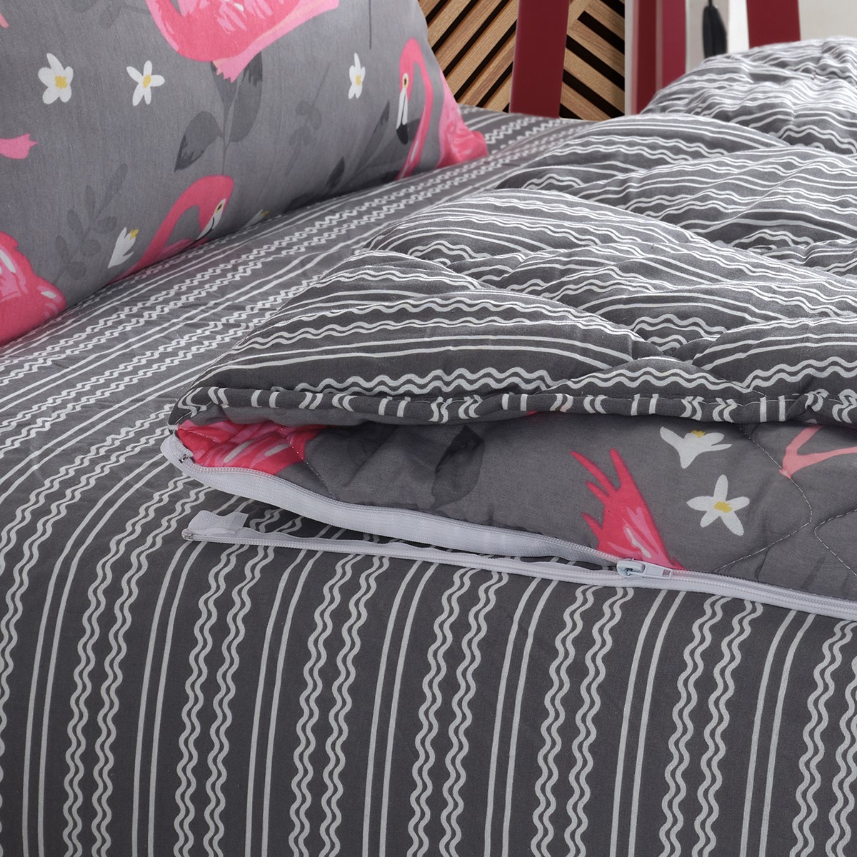 Vagonik Flamingo Desenli Gri Tek Kişilik Yorganlı Çocuk Uyku Seti