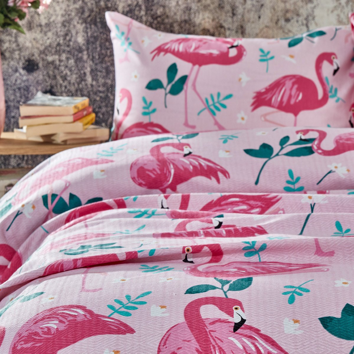 Vagonik Flamingo Desenli Tek Kişilik Pike Takımı Pembe