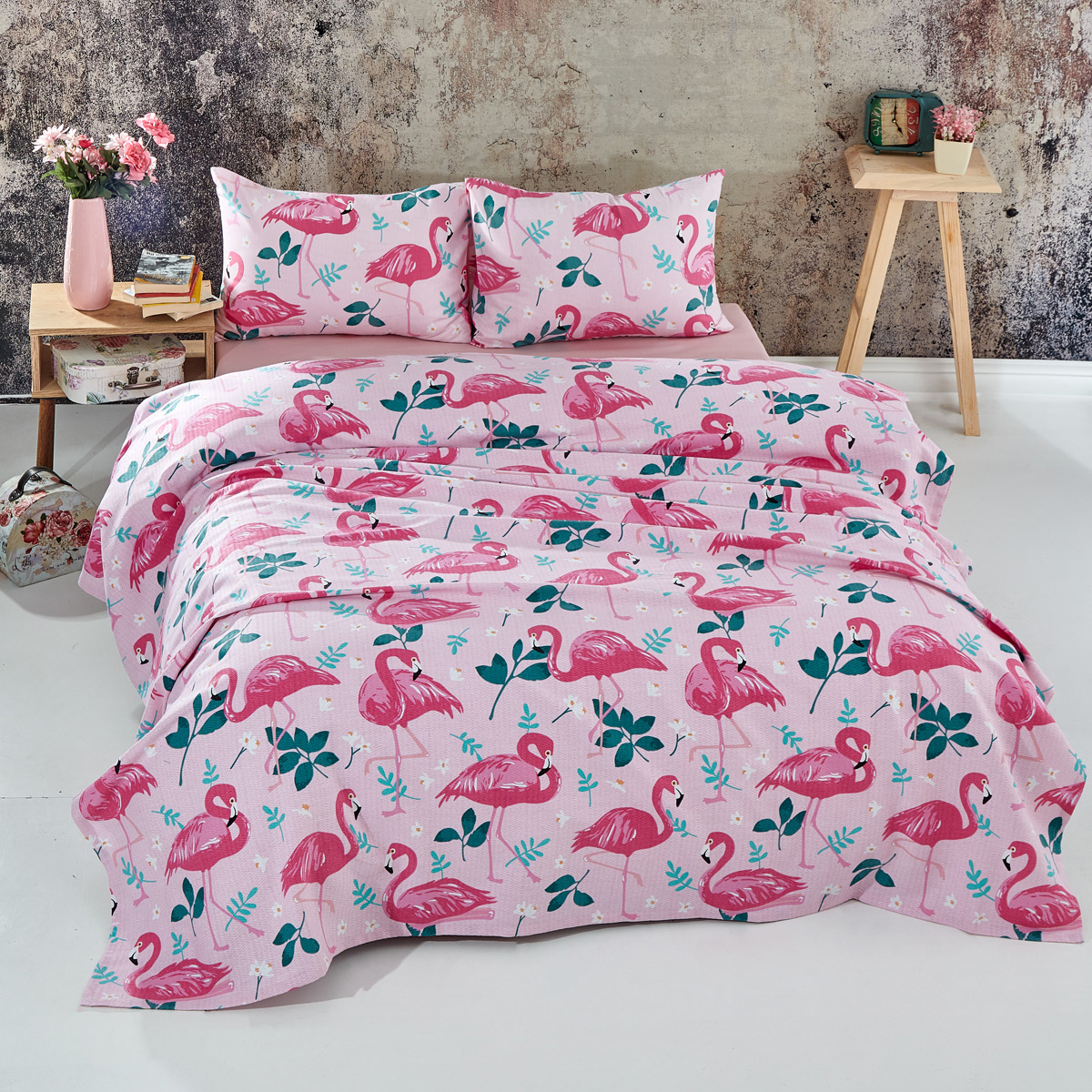 Vagonik Flamingo Desenli Tek Kişilik Pike Takımı Pembe