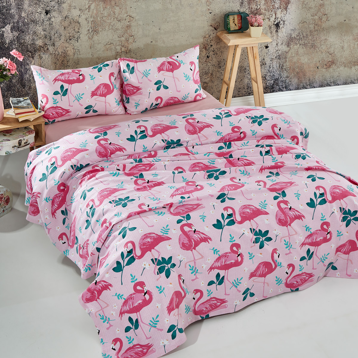 Vagonik Flamingo Desenli Tek Kişilik Pike Takımı Pembe