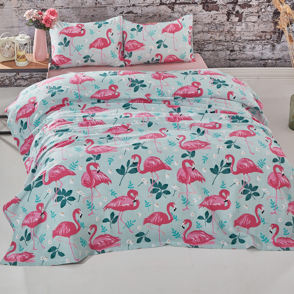 Vagonik Flamingo Desenli Tek Kişilik Pike Takımı Mavi