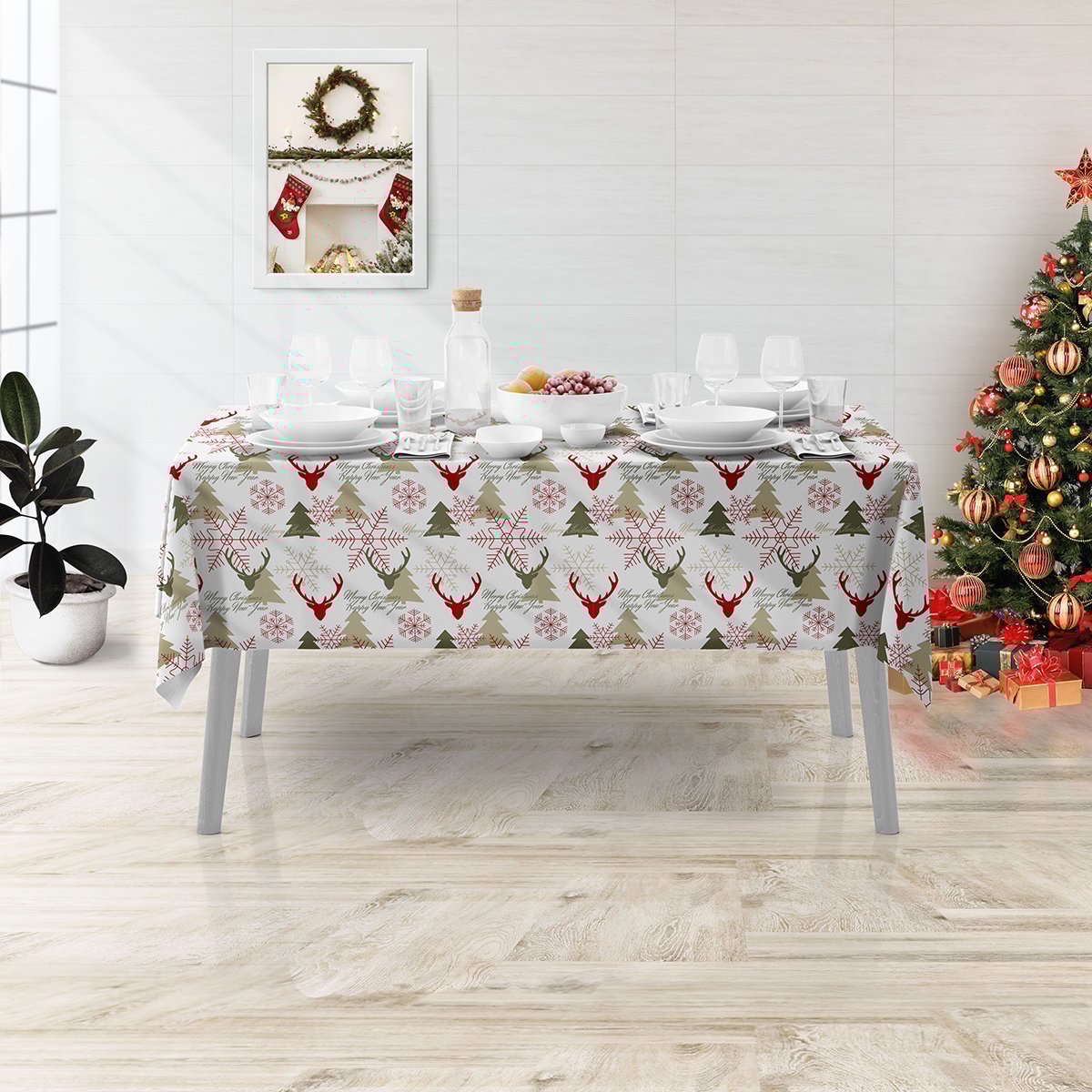 Vagonik Geyik ve Çam Ağacı Desenli Yılbaşı Masa Örtüsü