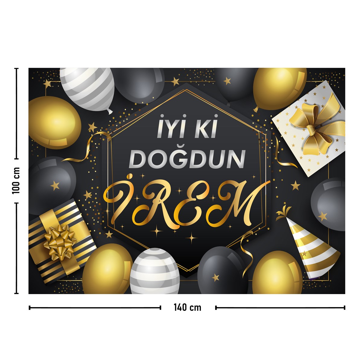 İsme Kişiye Özel Siyah-Gold Konsept Doğum Günü Parti Duvar Örtüsü