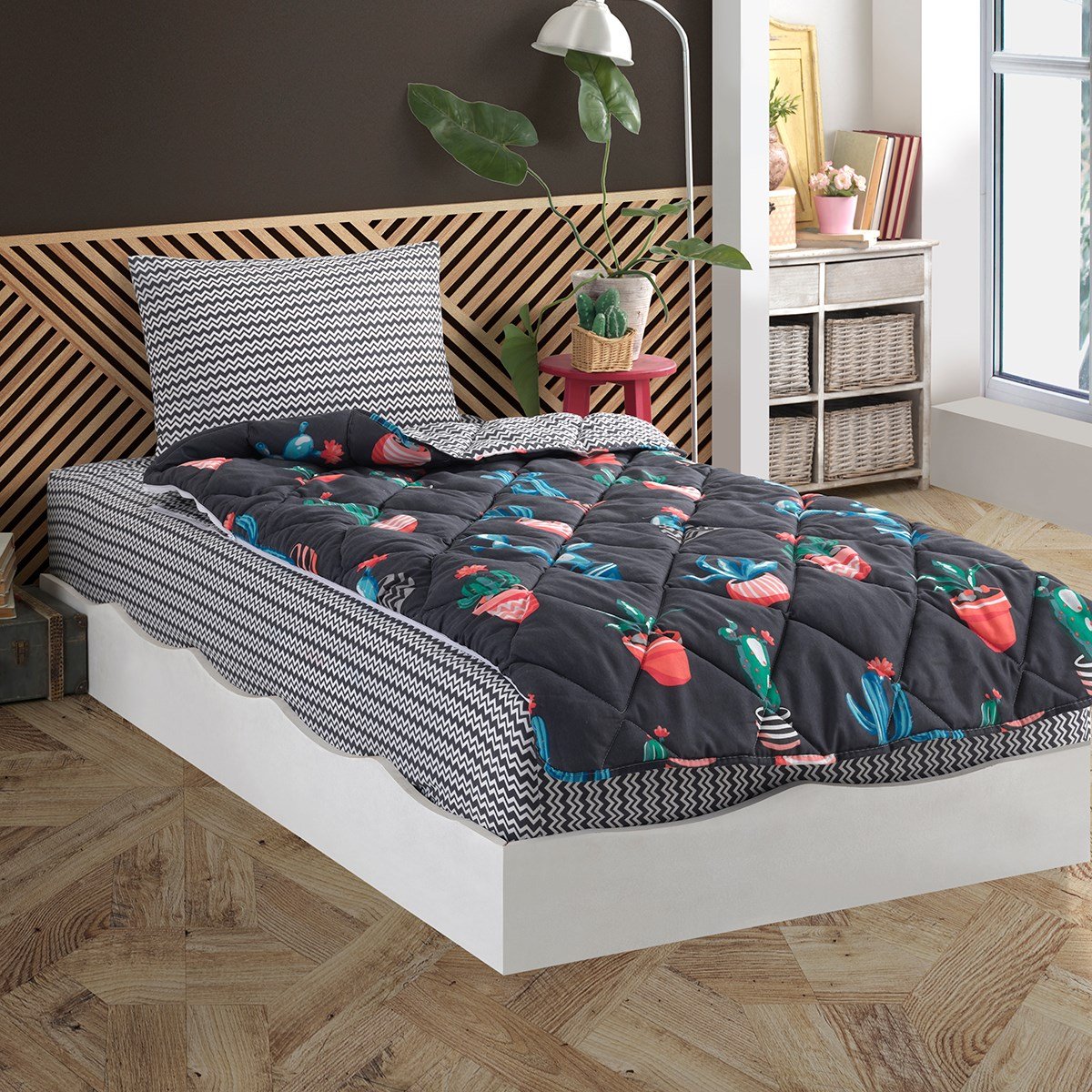 Vagonik Kaktüs Desenli Füme Tek Kişilik Yorganlı Çocuk Uyku Seti
