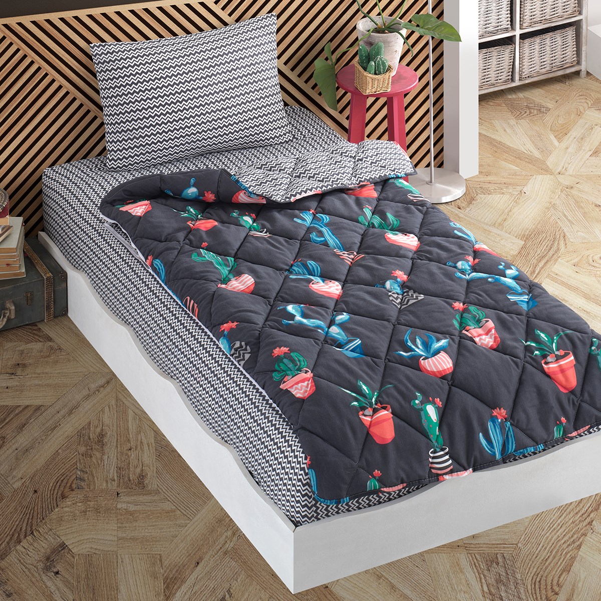 Vagonik Kaktüs Desenli Füme Tek Kişilik Yorganlı Çocuk Uyku Seti