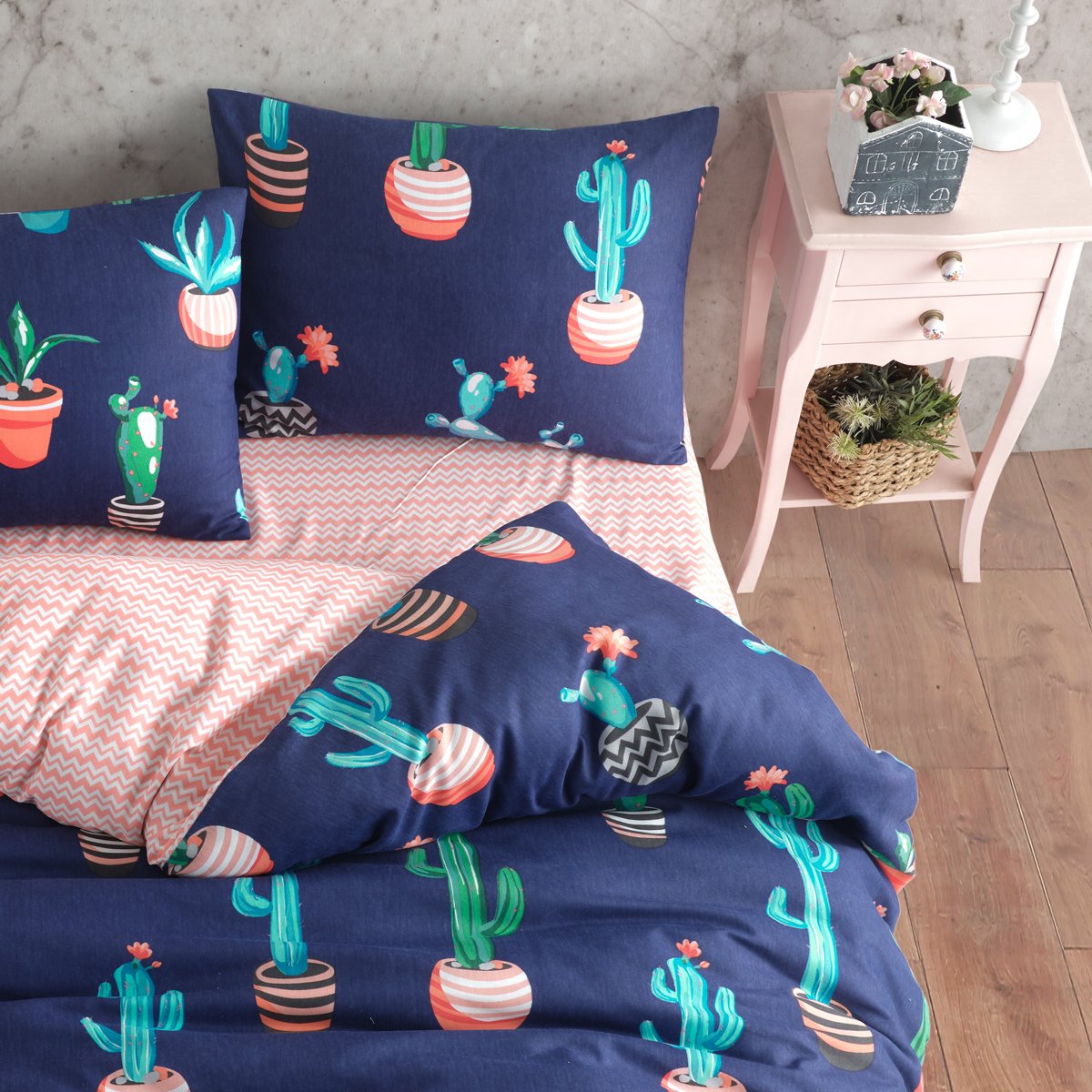 Vagonik Kaktüs Desenli Lacivert Tek Kişilik Nevresim Takımı