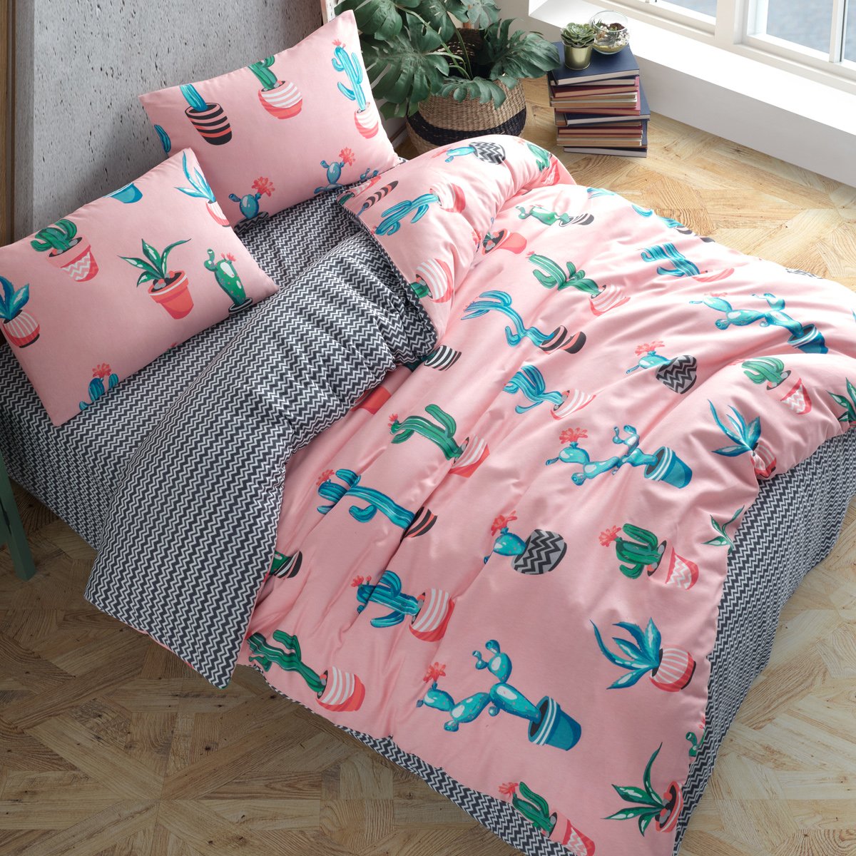 Vagonik Kaktüs Desenli Pembe Tek Kişilik Nevresim Takımı