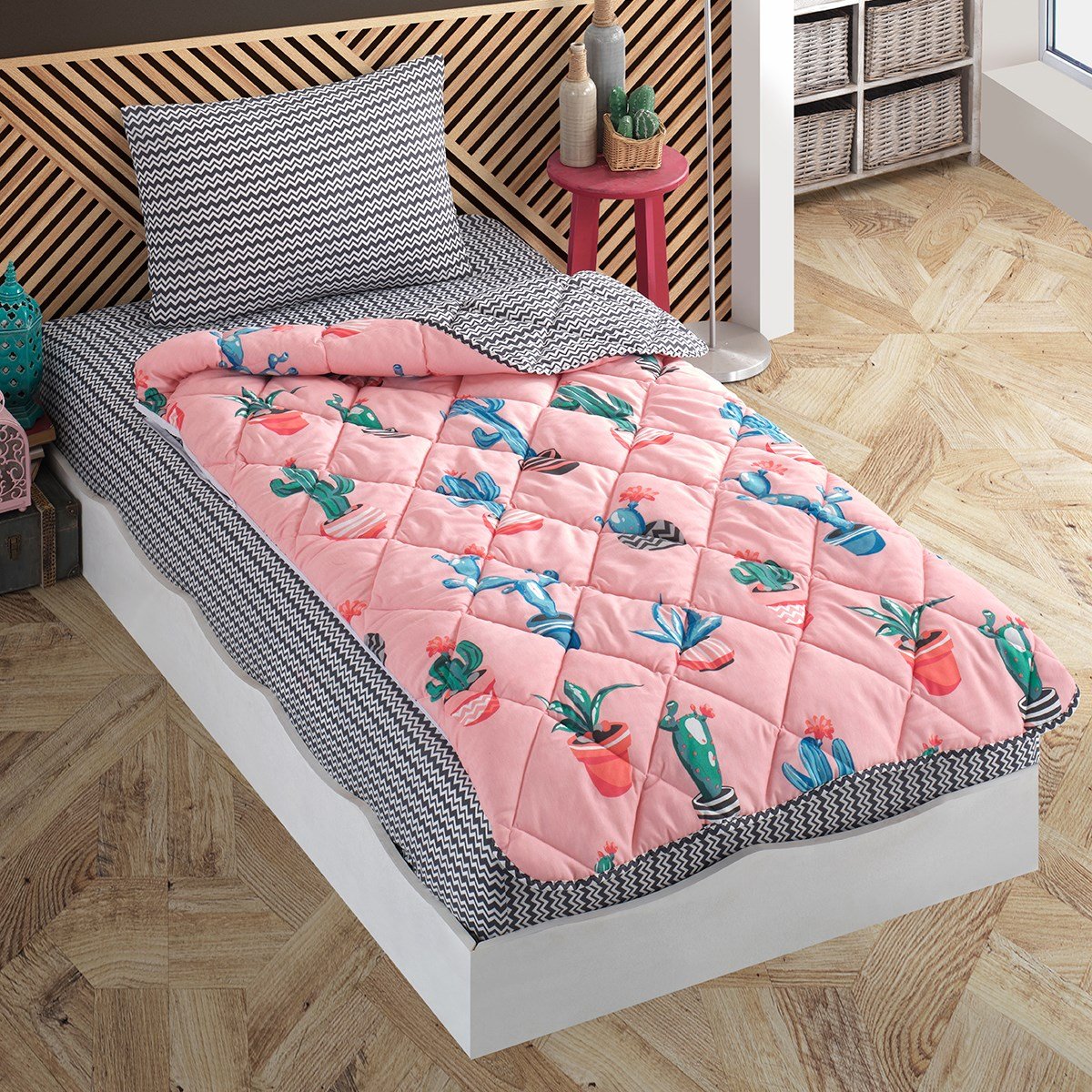 Vagonik Kaktüs Desenli Ping Tek Kişilik Yorganlı Çocuk Uyku Seti