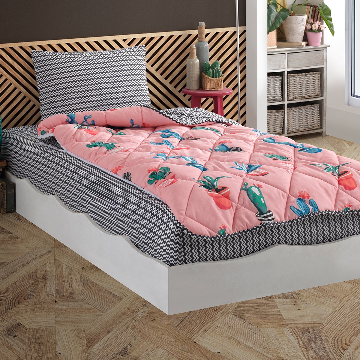 Vagonik Kaktüs Desenli Ping Tek Kişilik Yorganlı Çocuk Uyku Seti