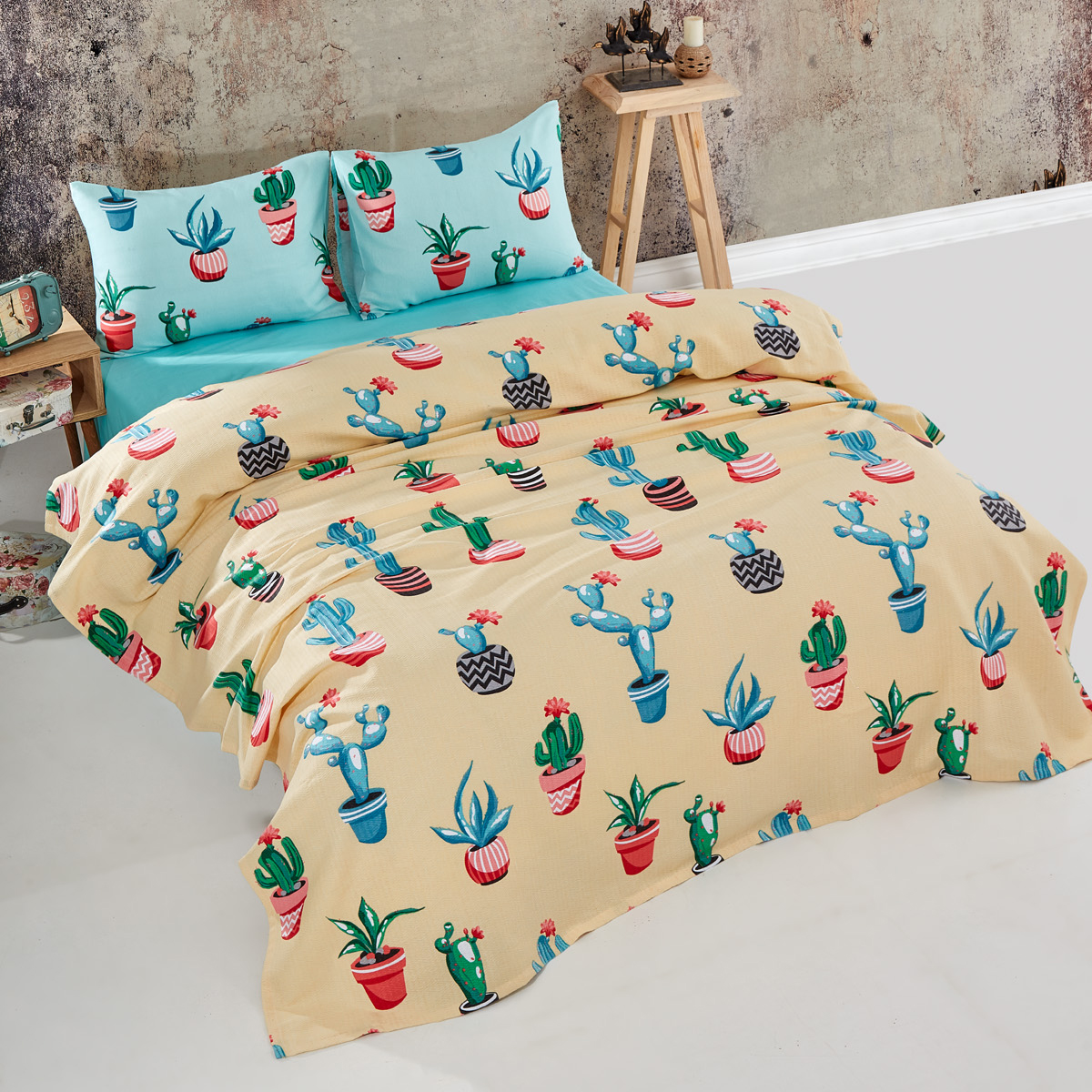 Vagonik Kaktüs Desenli Tek Kişilik Pike Takımı Sarı