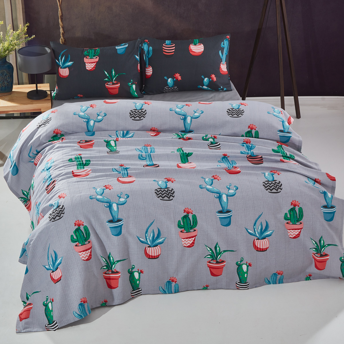 Vagonik Kaktüs Desenli Tek Kişilik Pike Takımı Gri