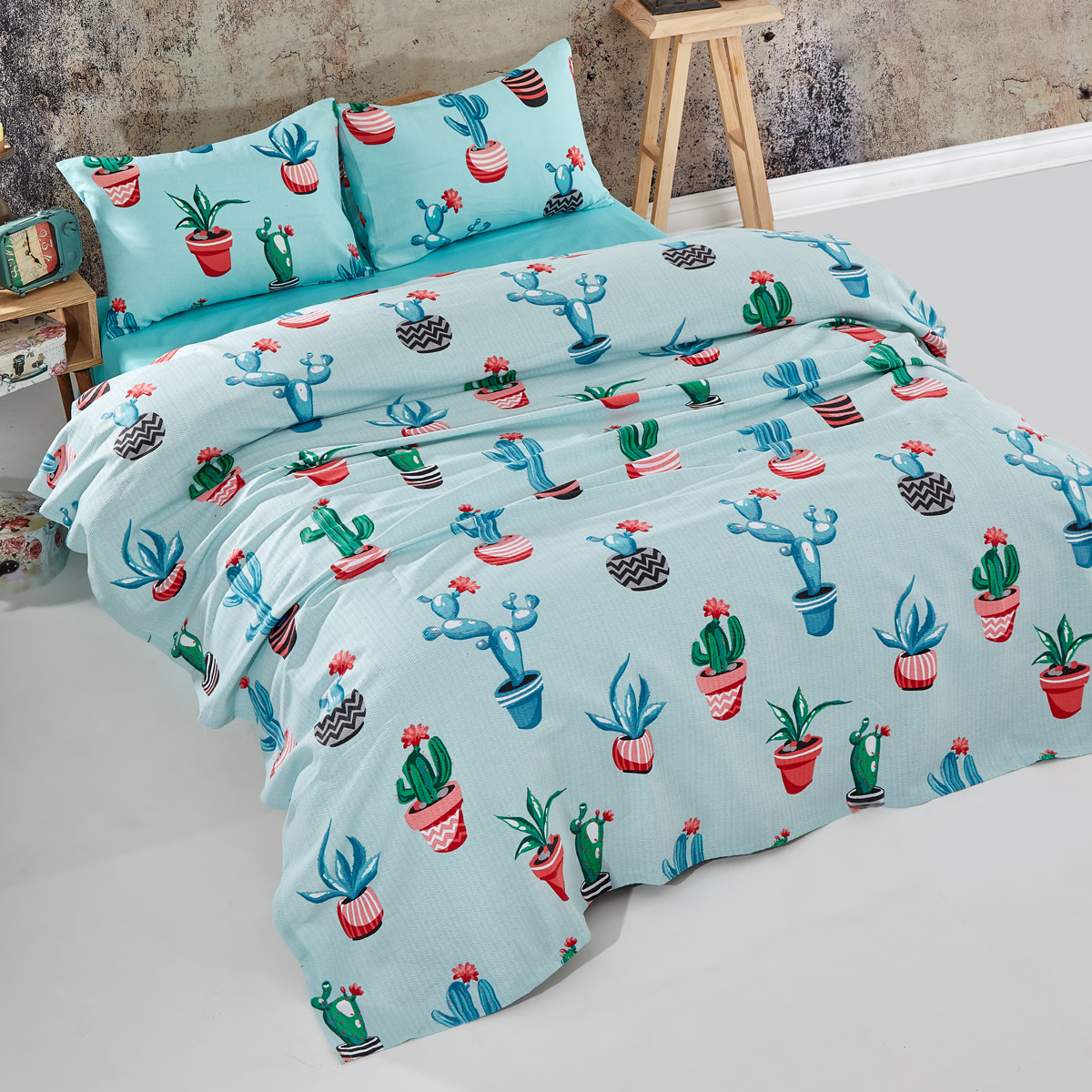 Vagonik Kaktüs Desenli Tek Kişilik Pike Takımı Turkuaz