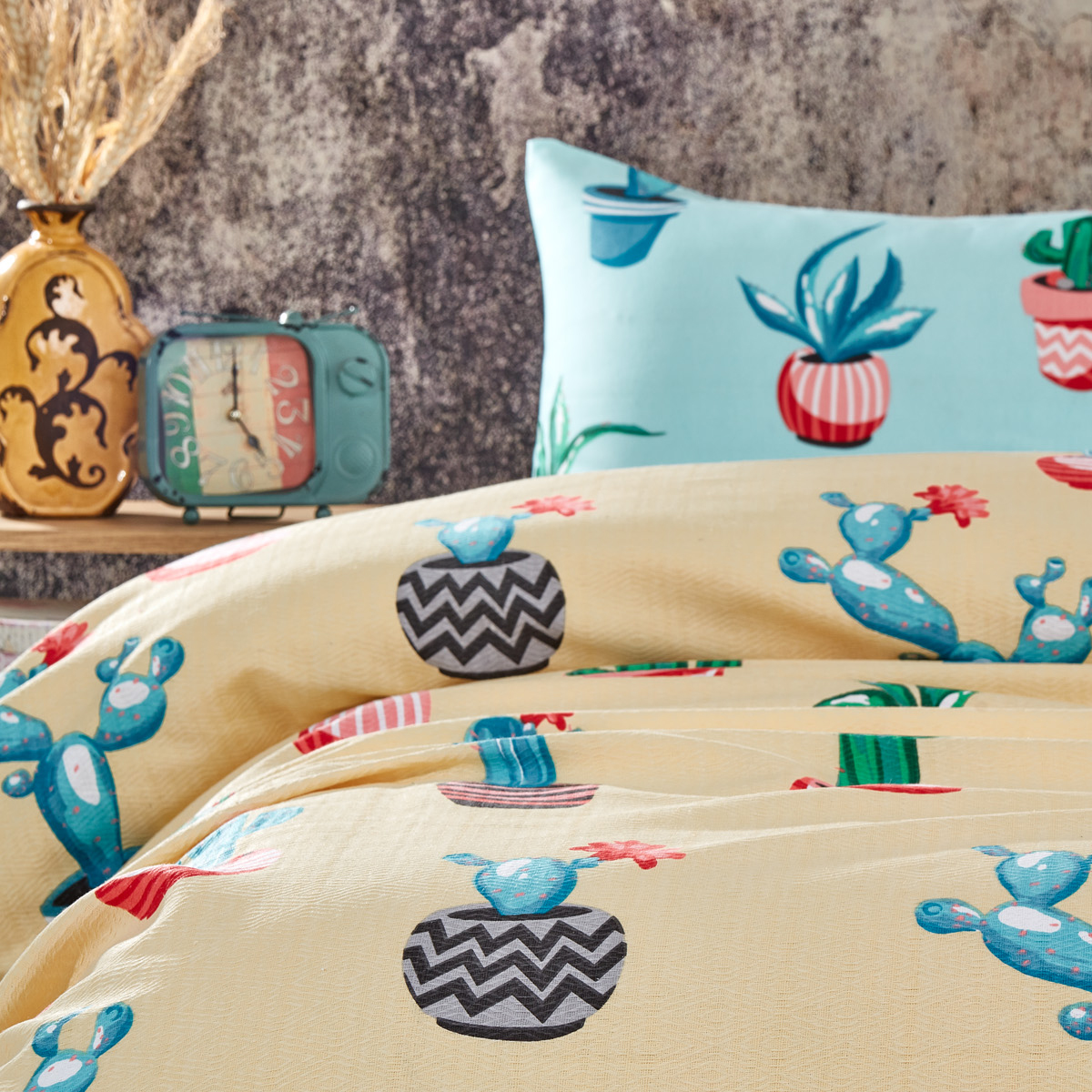 Vagonik Kaktüs Desenli Tek Kişilik Pike Takımı Sarı