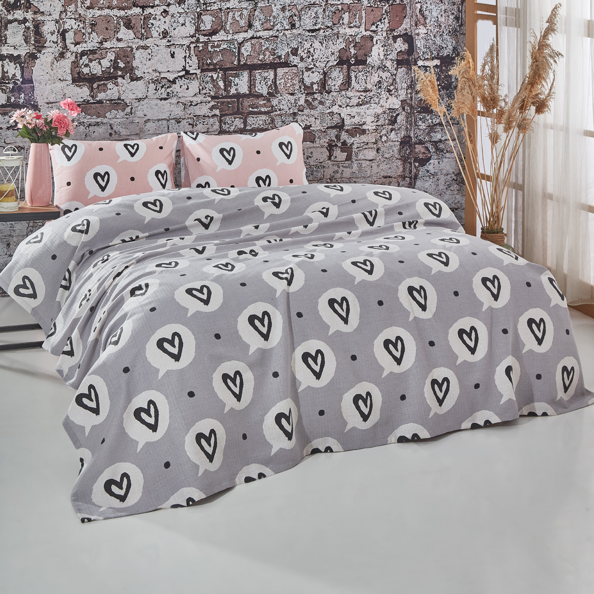 Vagonik Kalp Desenli Tek Kişilik Pike Takımı Gri