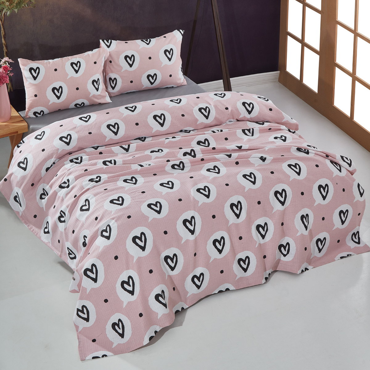 Vagonik Kalp Desenli Tek Kişilik Pike Takımı Pembe