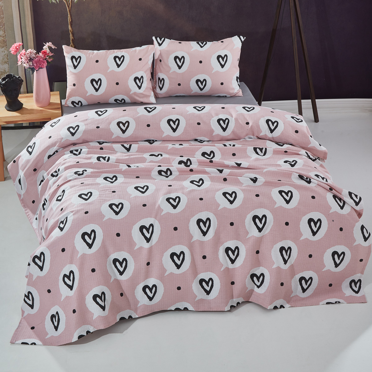 Vagonik Kalp Desenli Tek Kişilik Pike Takımı Pembe