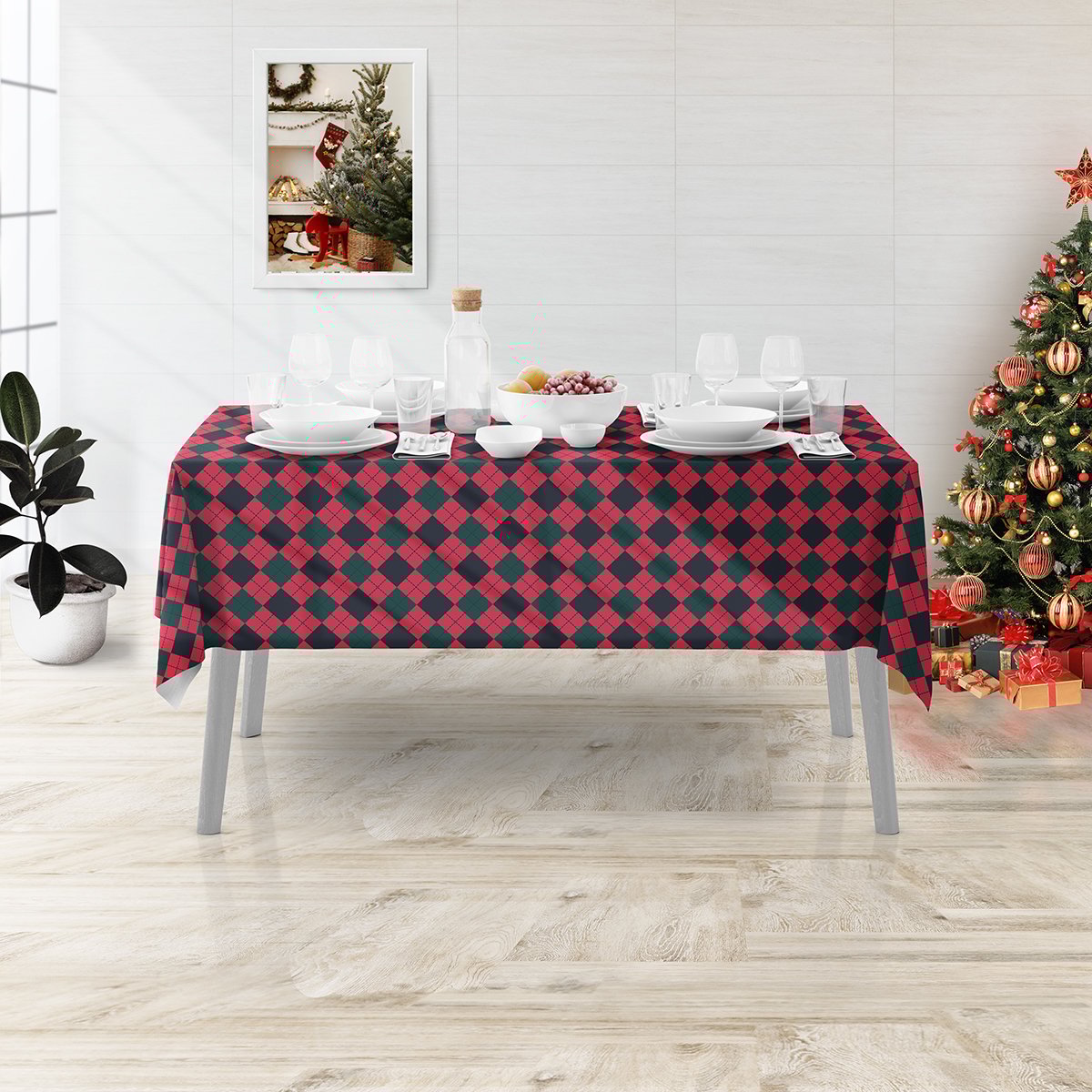 Vagonik Kareli Yılbaşı Masa Örtüsü