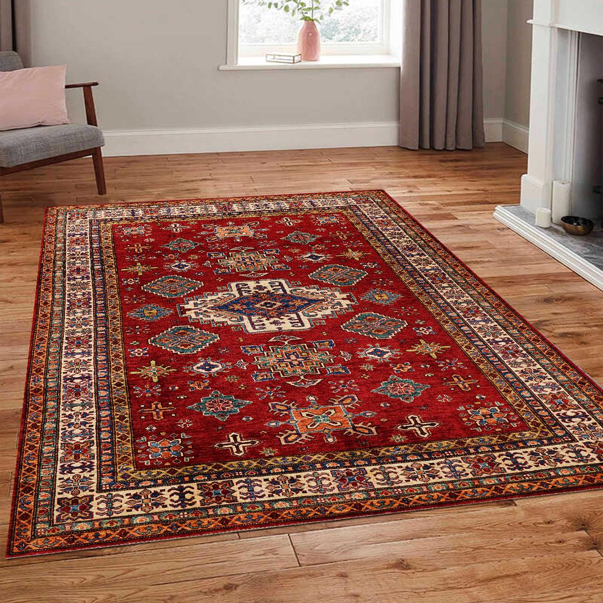 Klasik Afgan Türkmen Otantik Kilim Desenli Dijital Baskılı Halı Kaydırmaz Tabanlı Yıkanabilir Halı