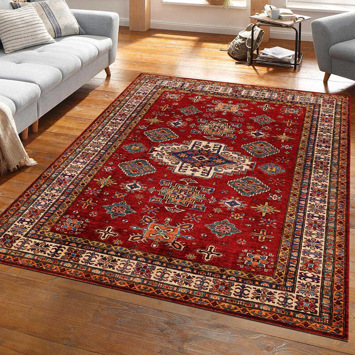 Klasik Afgan Türkmen Otantik Kilim Desenli Dijital Baskılı Halı Kaydırmaz Tabanlı Yıkanabilir Halı