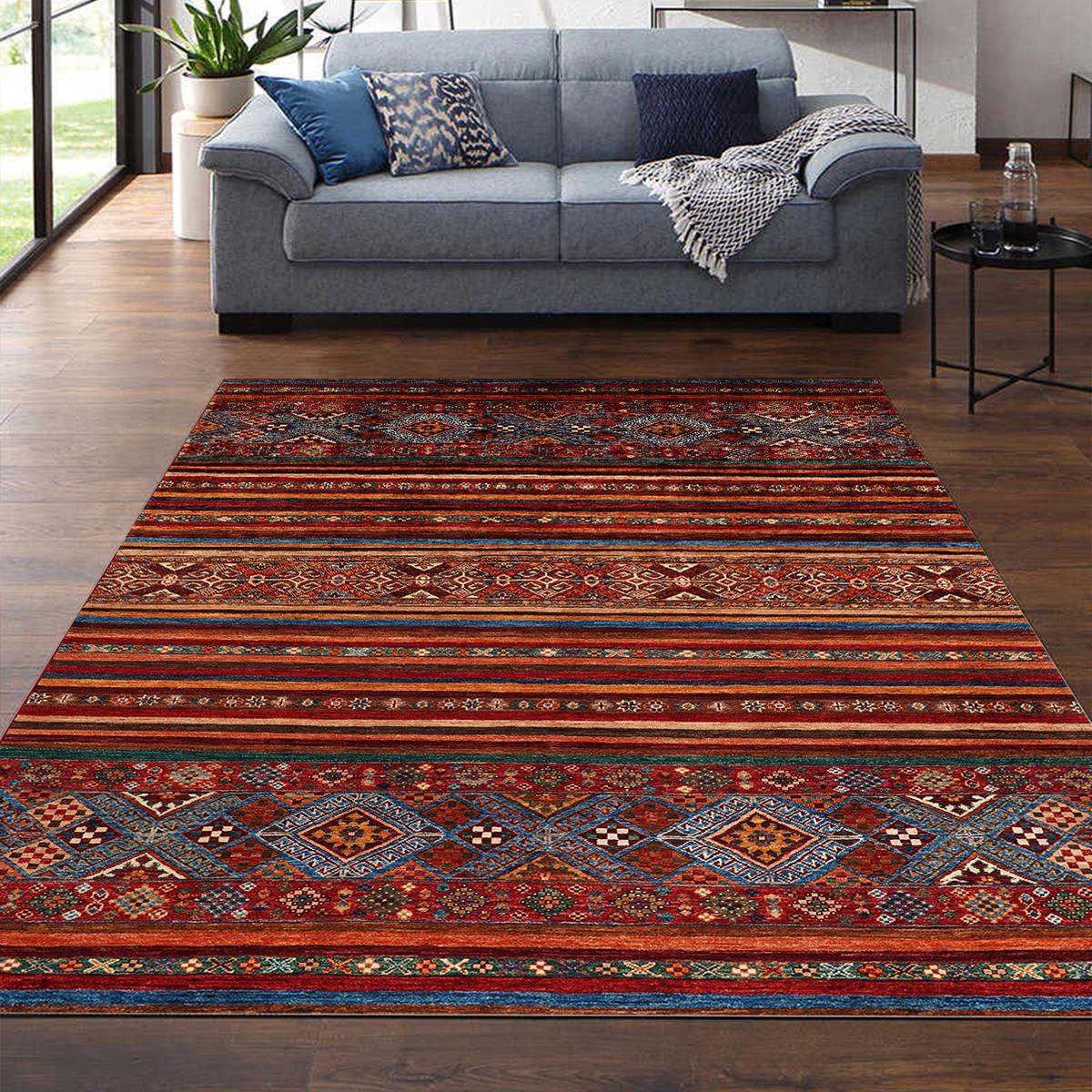 Klasik Afgan Türkmen Otantik Kilim Desenli Dijital Baskılı Halı Kaydırmaz Tabanlı Yıkanabilir Halı