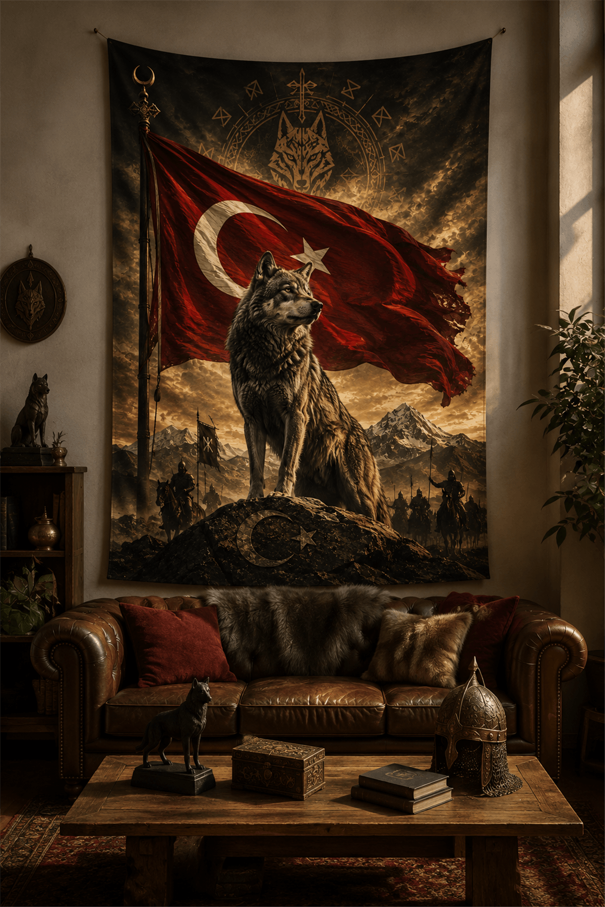 Kurt ve Türk Bayrağı Temalı Duvar Örtüsü  Afişi Kalın Kumaş 