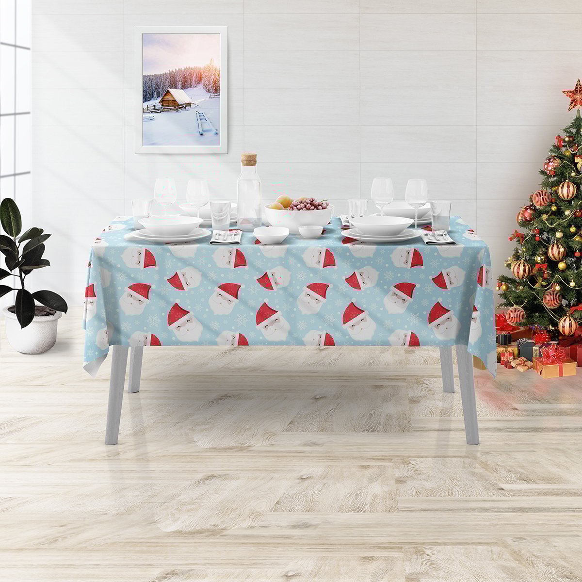 Vagonik Noel Baba Desenli Yılbaşı Masa Örtüsü