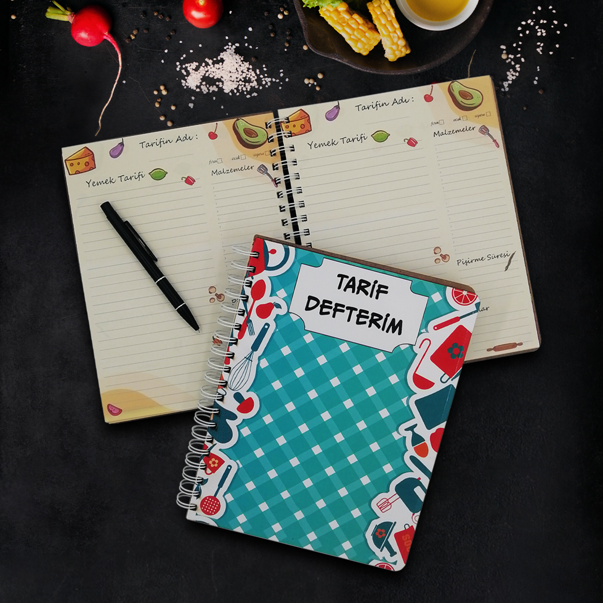 Özel Tasarım Ahşap Kapaklı Büyük Boy 160 Sayfa Yemek Tarif Defteri