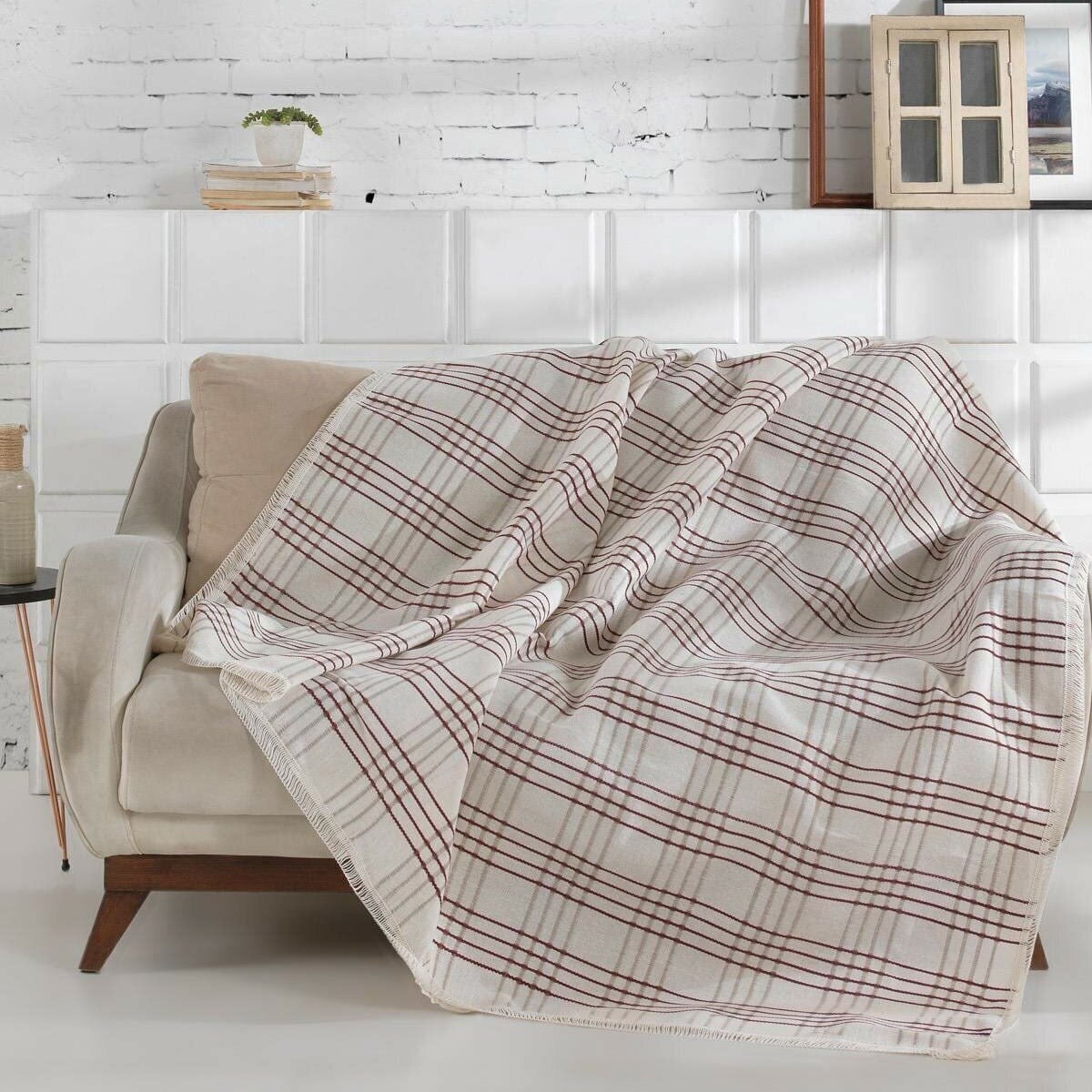 Sedir Natural Keten Sık Dokuma Bordo Çizgili Koltuk Örtüsü 170x210 cm